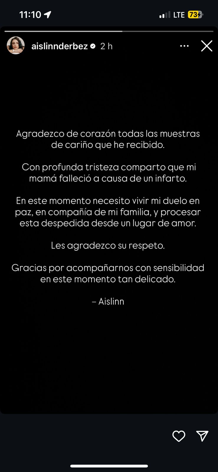 A través de un breve, pero emotivo comunicado en sus redes sociales, Aislinn Derbez confirmó el sensible fallecimiento de su madre ocurrido recientemente.