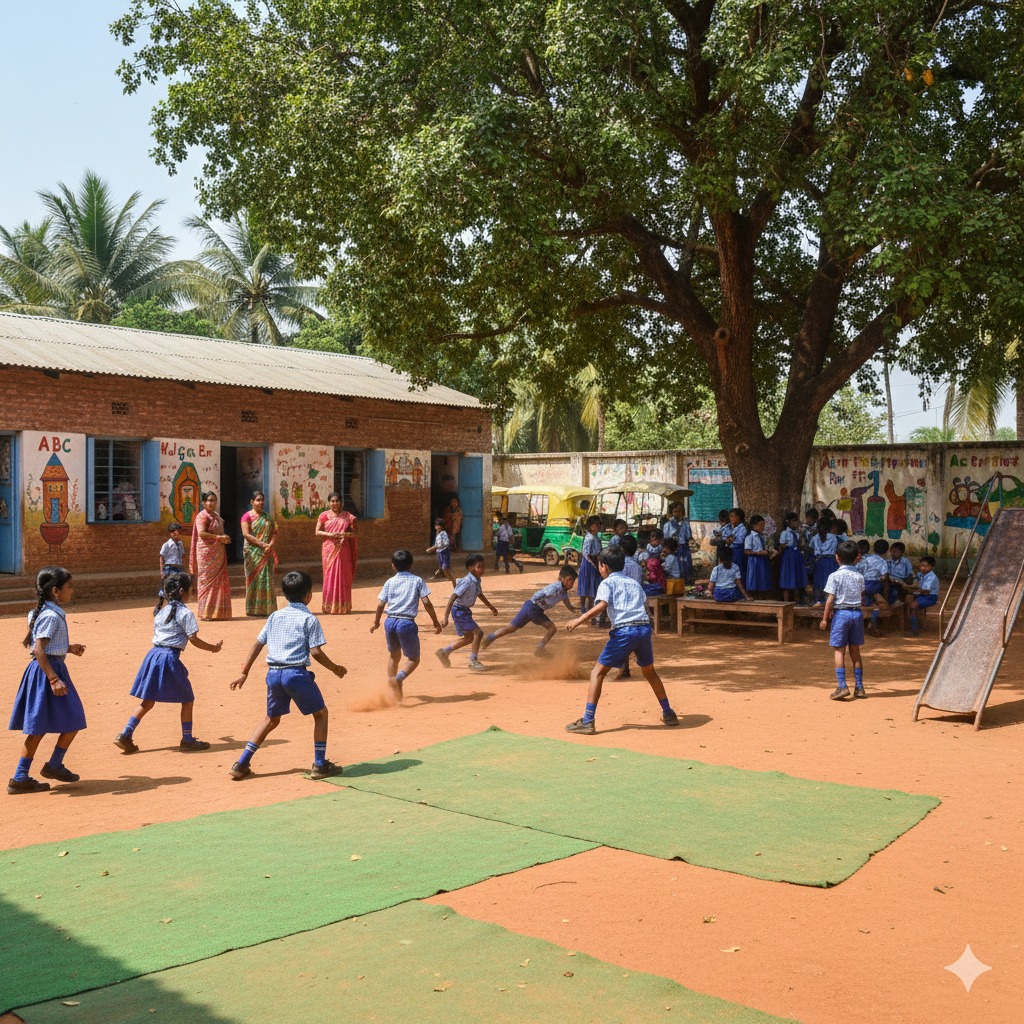 Representación de una escuela en la India, en la que se ven a algunos niños jugando en el patio de la escuela.