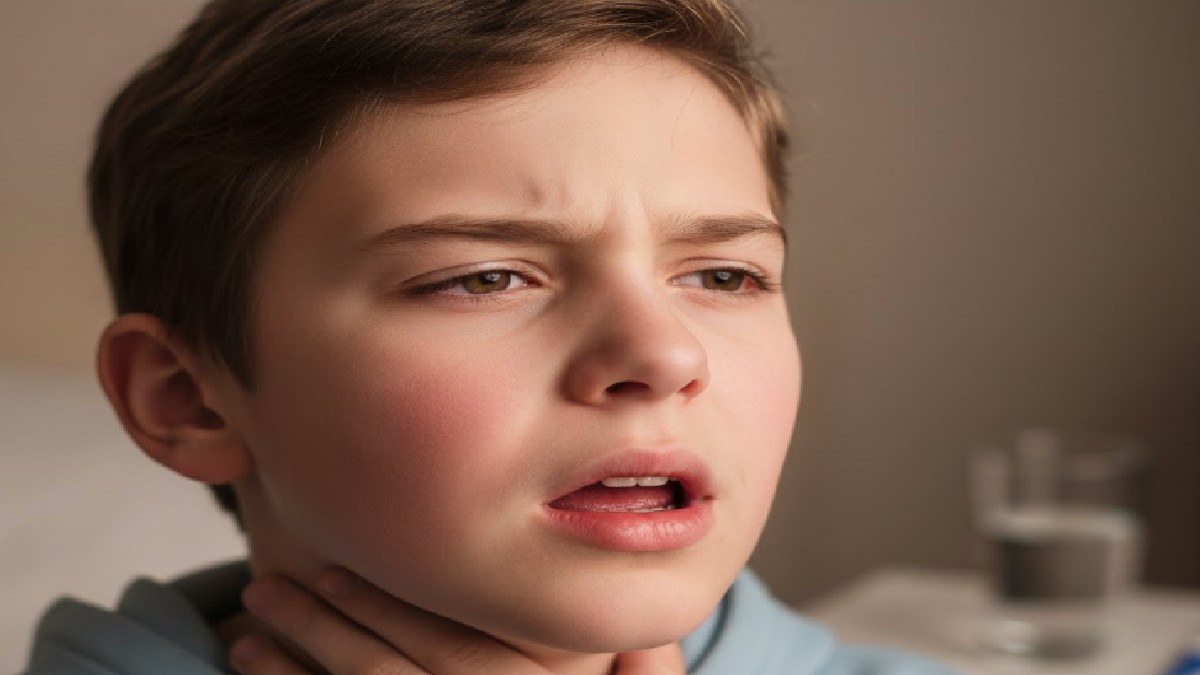 niño tocándose la garganta con sudadera color gris