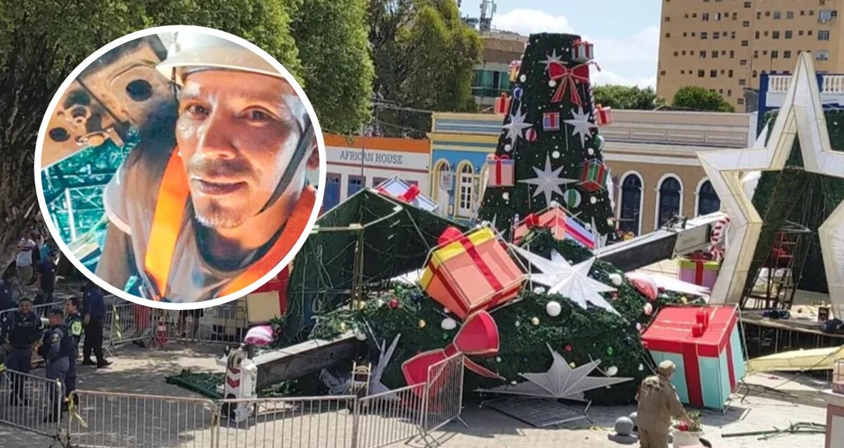 Piezas de árbol de navidad de gran tamaño desplomado en el suelo con vallas de seguridad y policías de Brasil alrededor
