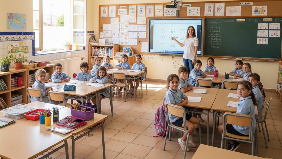 Decenas de alumnos en salón de clases de primaria y al fondo una mujer adulta apuntando a un pizarrón