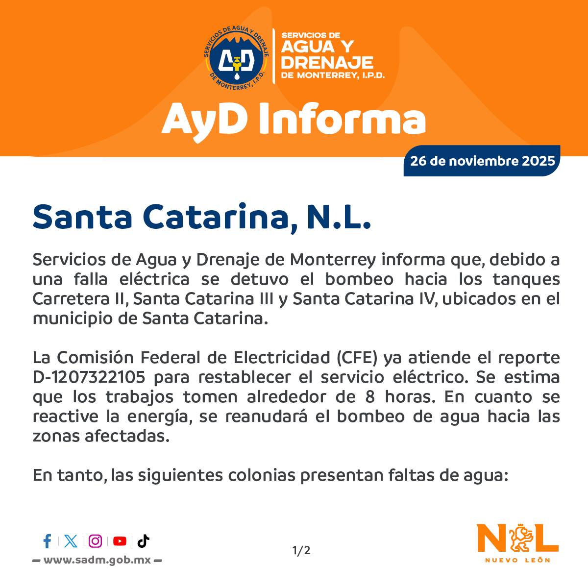 Comunicado de Agua y Drenaje de Monterrey sobre cortes.