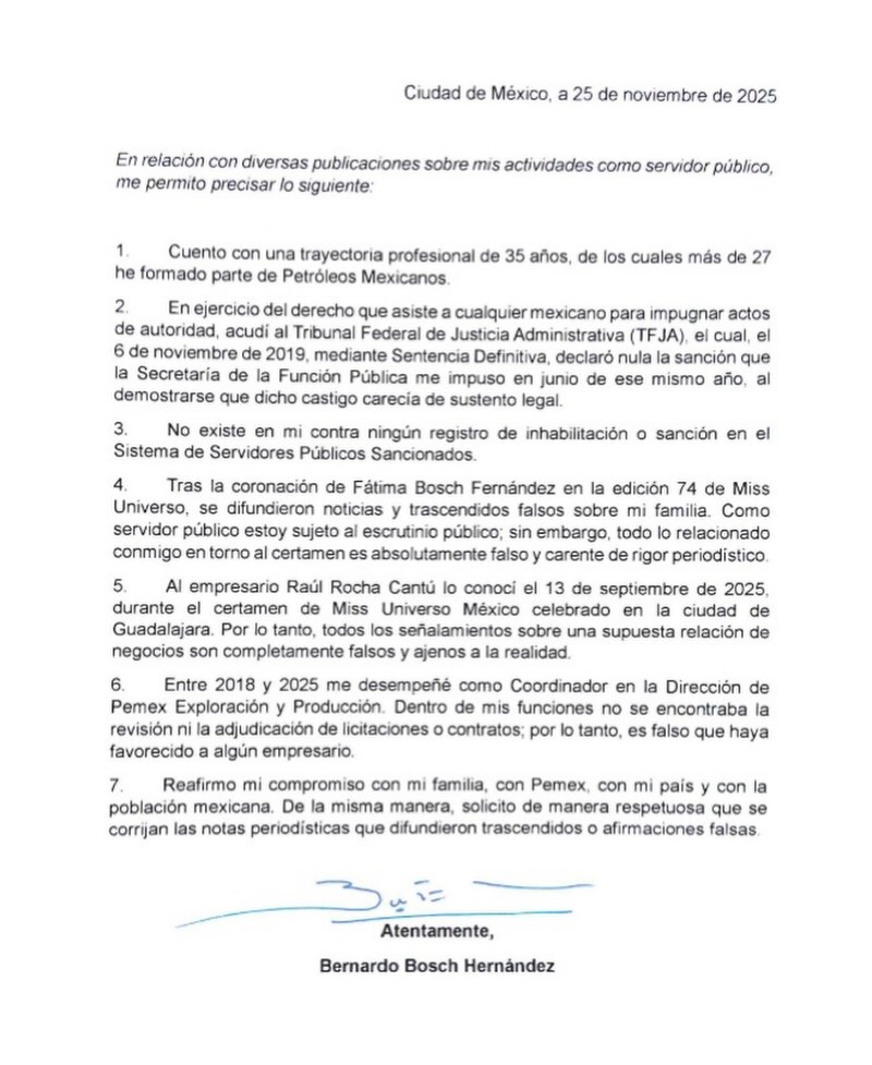 Comunicado de prensa del papá de Fátima Bosch Miss Universo 2025.