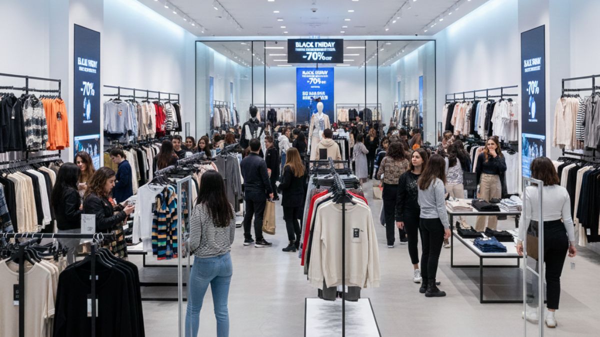 Tienda con personas comprando durante la temporada de descuentos del Black Friday 2025