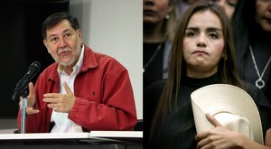 A la izquierda: Gerardo Fernández Noroña durante una conferencia de prensa. A la derecha: Grecia Quiroz en el funeral de su esposo Carlos Manzo