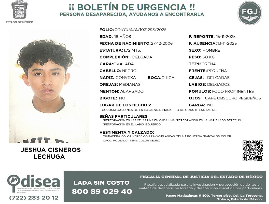 Ficha de búsqueda de Jeshua Cisneros, joven desaparecido en Cuautitlán Izcalli.