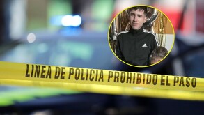 Cinta amarilla de precaución y unja foto en tamaño pequeño de un hombre joven
