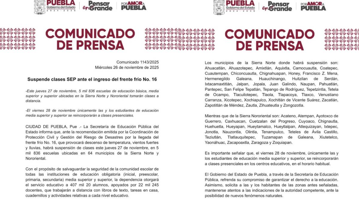 comunicado sep puebla suspensión de clases frente frío 16