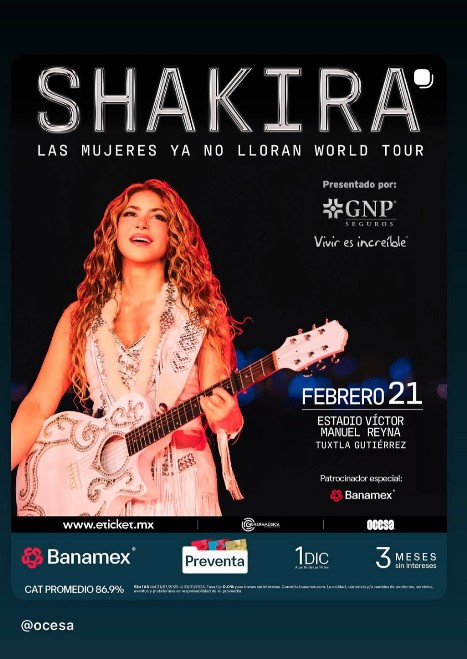 Anuncio del concierto de Shakira en Tuxtla Gutiérrez, Chiapas