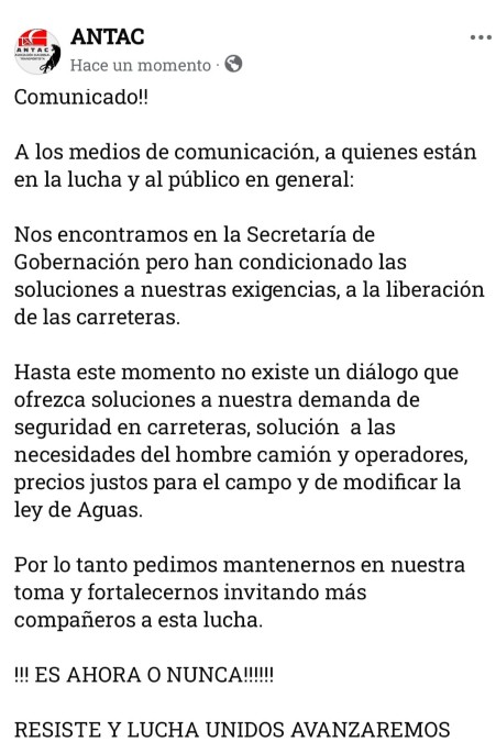 Comunicado de la ANTAC sobre la decisión de mantener los bloqueos tras no llegar a un acuerdo con la Segob.