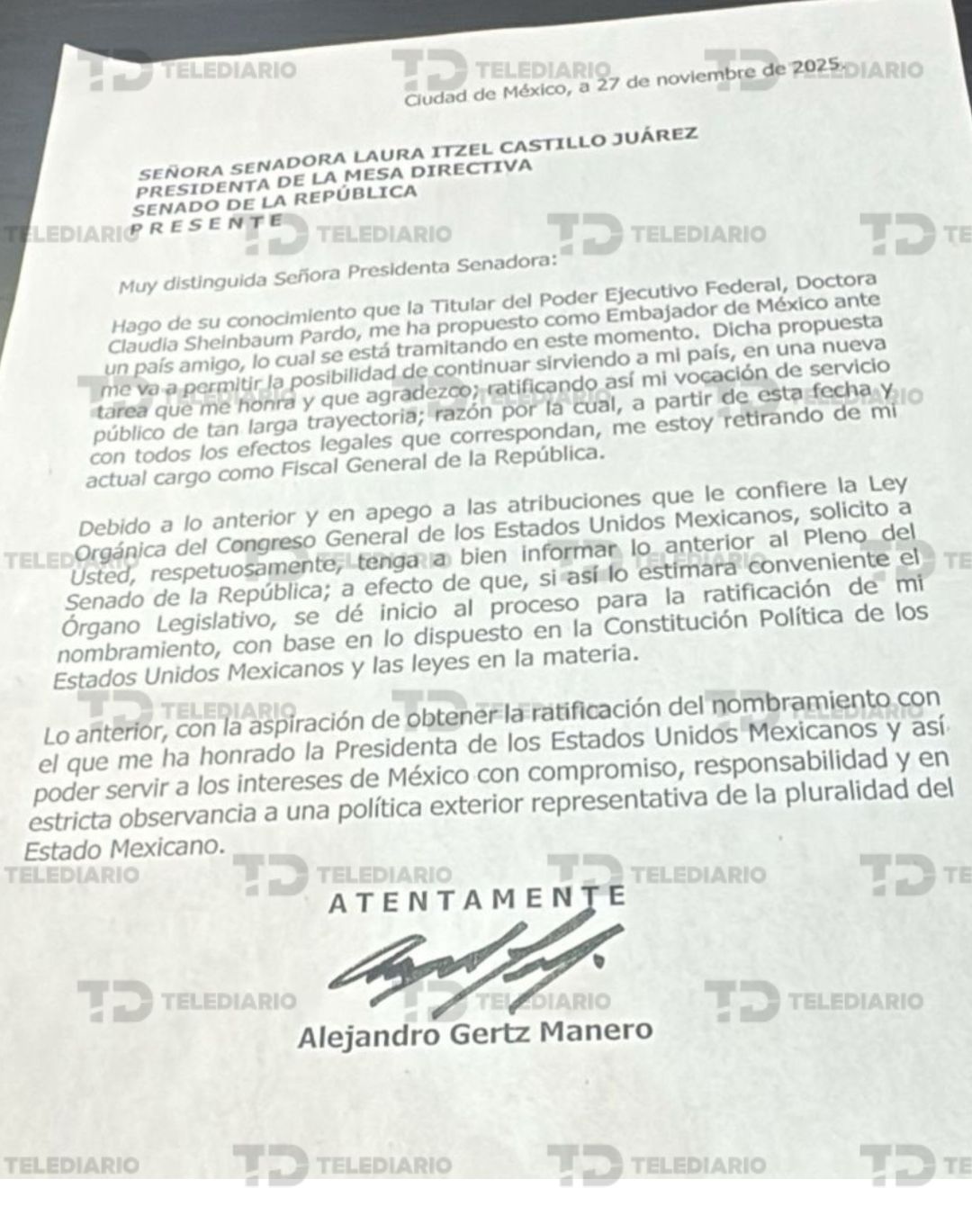 Carta que presentó Alejandro Gertz Manero al Senado de la República.
