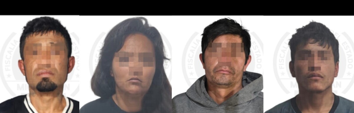 Tres hombres y una mujer sobre un fondo blanco, viendo de frente y con los ojos censurados tras ser detenidos por la Fiscalía de Michoacán