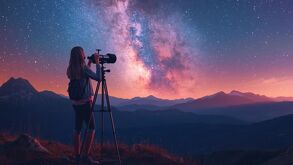Mujer mirando al cielo con un telescopio para ver las estrellas.