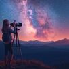 Mujer mirando al cielo con un telescopio para ver las estrellas.