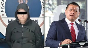 A la izquierda Jorge Armando N, alias El Licenciado con los ojos censurados. A la derecha Carlos Torres Piña frente a un podio con micrófono