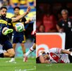 Milton Giménez rematando un balón en el Superclásico Boca vs River y Maxi Meza lesionado en el césped de la 'Bombonera'.