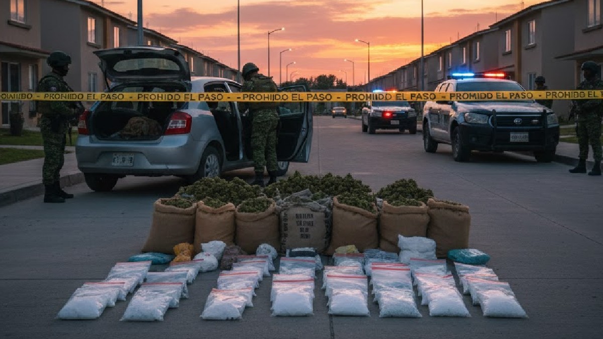 Una gran pila de marihuana incautada está en llamas, creando humo. Un helicóptero sobrevuela cerca y un oficial de policía con equipo táctico extiende los brazo