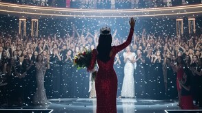 Silueta de mujer sosteniendo flores y saludando con la mano con una corona de Miss México.