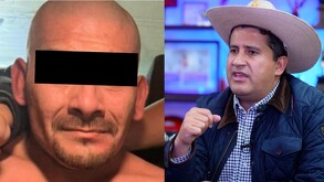 Composición de dos imágenes: Un retrato de un hombre rapado con barba, con los ojos censurados, junto a un político (Carlos Manzo) con sombrero vaquero en una e