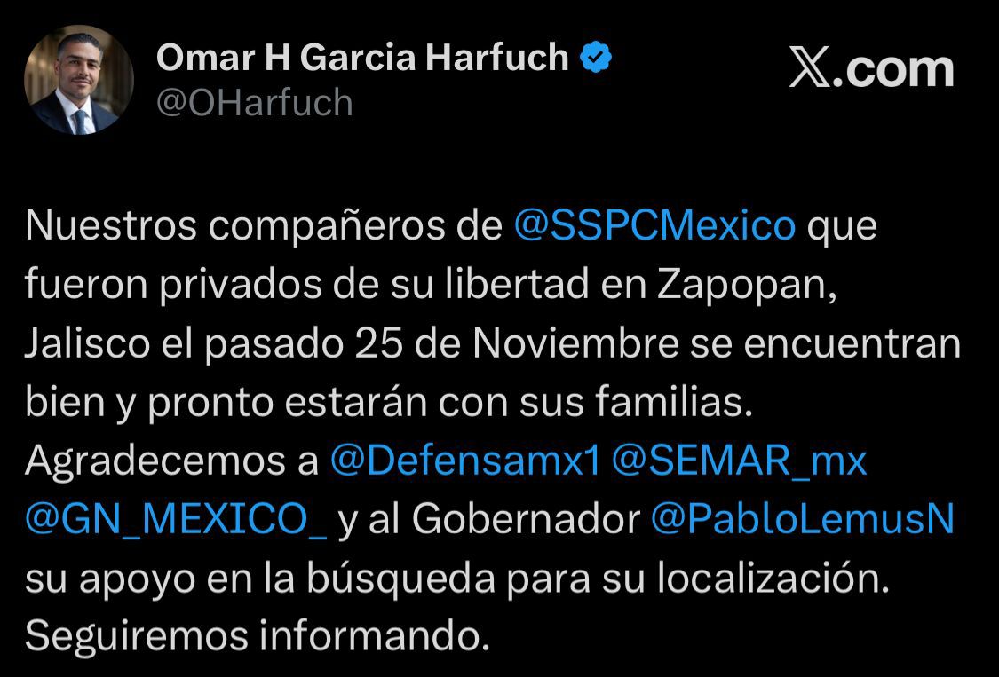 Omar García Harfuch comparte en redes sociales tweet sobre la localización de los agentes federales desaparecidos en Jalisco