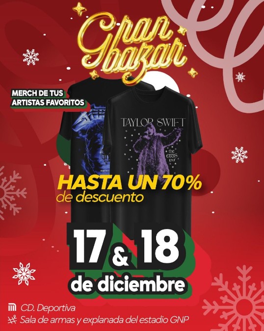 Cartel con las fechas y ubicación del Gran Bazar de Merch de Conciertos en la Ciudad de México.