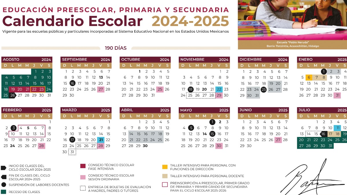 calendario de la SEP que marca los días de descanso en escuelas de México.