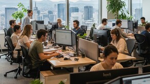 Gente en una oficina trabajando, imagen generada con IA.