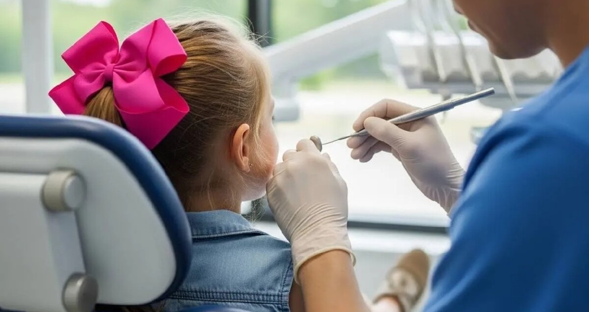 Niña rubia con el cabello recogido y un moño rosa sentada con un dentista a un lado sujetando herramientas de ortodoncia con guantes