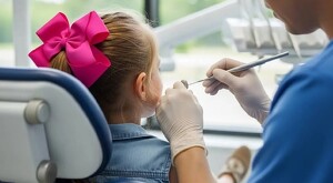 Niña rubia con el cabello recogido y un moño rosa sentada con un dentista a un lado sujetando herramientas de ortodoncia con guantes