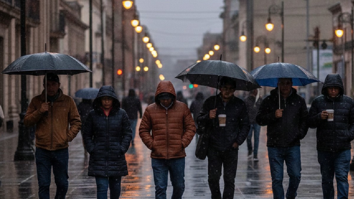 Gente caminando con chamarras y paraguas bajo la lluvia, foto generada con IA.