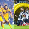 Ozziel Herrera celebrando un gol con Tigres y Sergio Ramos celebrando el pase con Rayados.