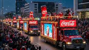 Camiones de Coca-Cola en Caravana Navideña en Monterrey.