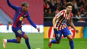 Lamine Yamal y Julián Álvarez, delanteros del Barcelona y Atlético de Madrid que juegan en España en LaLiga.