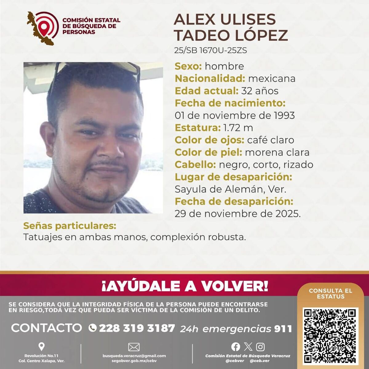 Boletín de búsqueda de Alex Ulises Tadeo, taxista en Sayula de Alemán, Veracruz.
