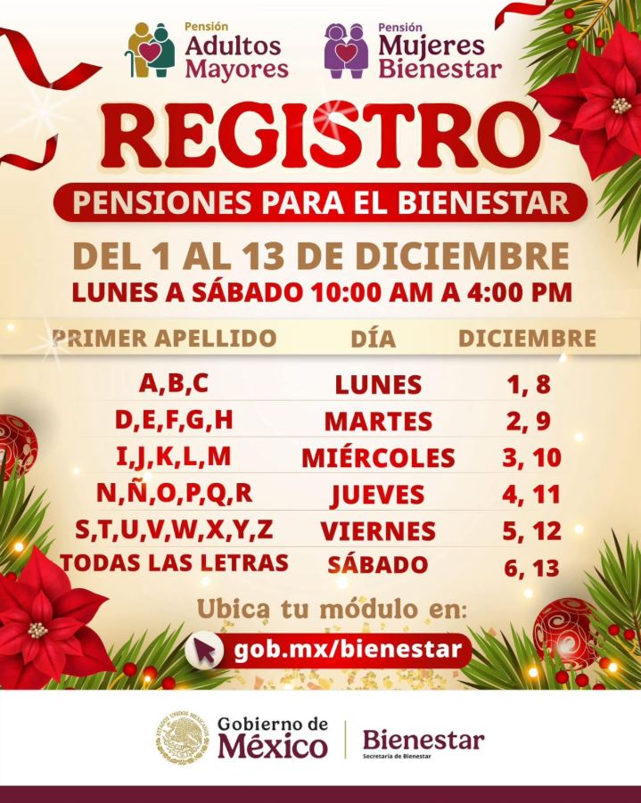 Flyer oficial del Gobierno de México con el calendario de registros para la Pensión Bienestar de diciembre del 2025 divido por apellido, día y fecha