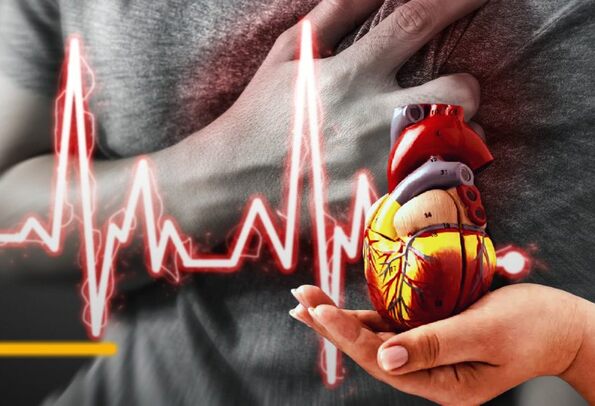 imagen ilustrativa de un corazón y una persona teniendo un infarto