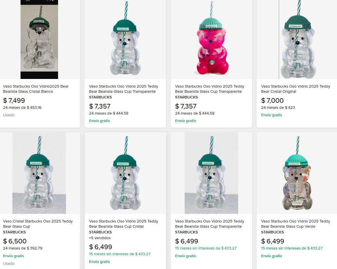 Captura de pantalla de distintos anuncios de venta del vaso Bearista de Starbucks en la plataforma de Mercado Libre