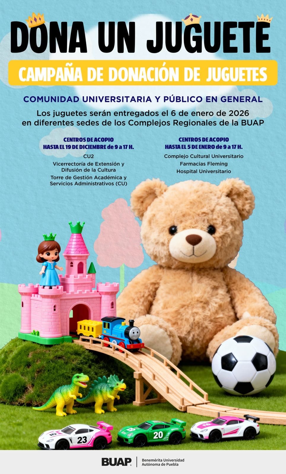 Promo informativo sobre la colecta de juguetes de la BUAP para Día de Reyes, en Puebla.