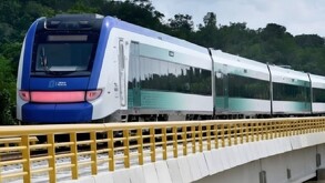 Se observa un tren color blanco, con azul y también verde.