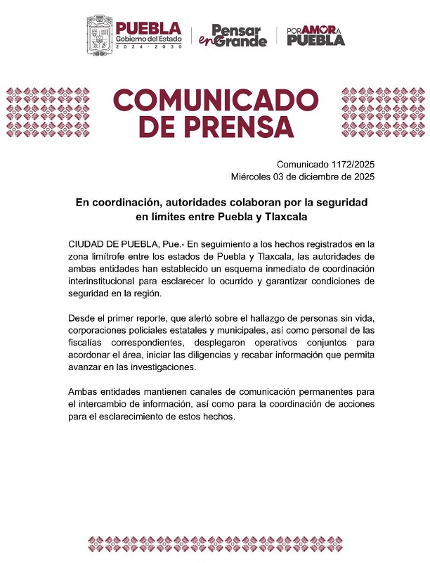 Comunicado del Gobierno de Puebla sobre hallazgo de muertos en límites con Tlaxcala.