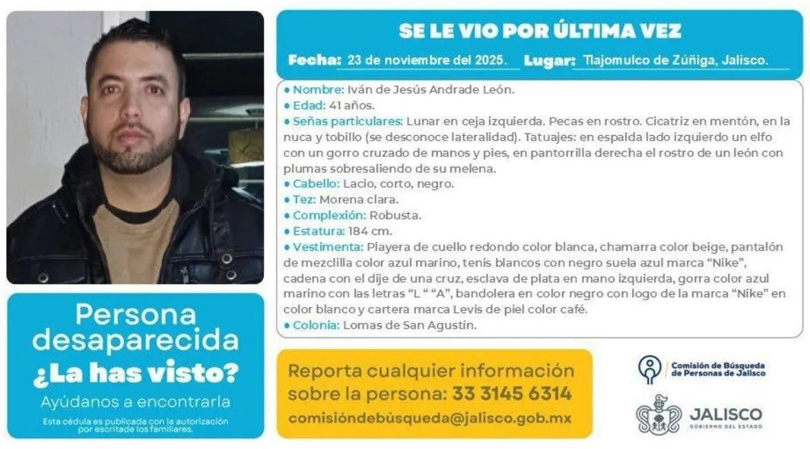 Ficha de búsqueda con foto de Iván de Jesús Andrade viendo de frente vistiendo una chamarra negra y una playera café