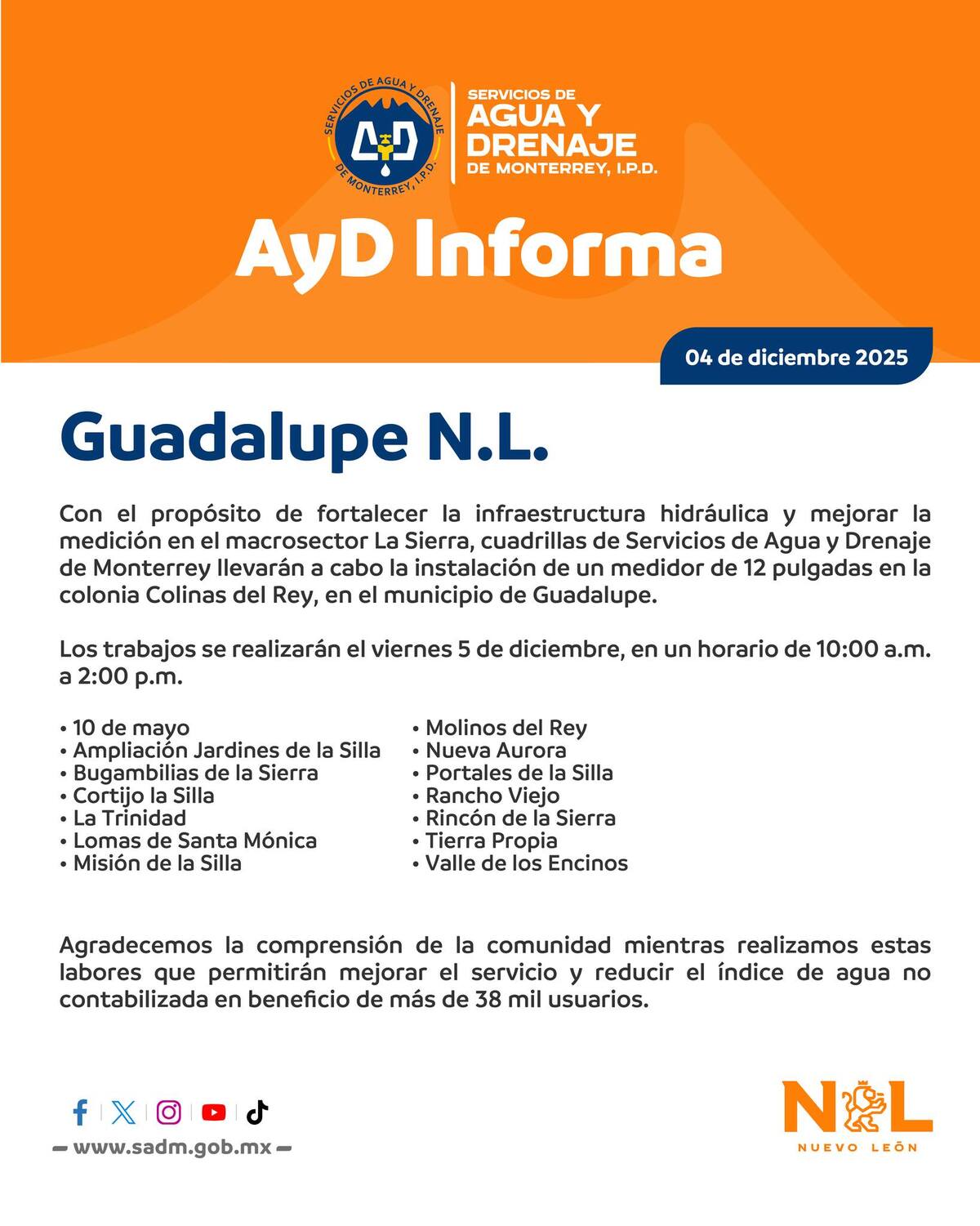 Comunicado sobre cortes de agua en Guadalupe, Nuevo León.