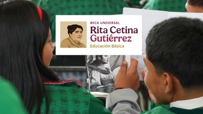 estudiantes de primaria y logo de la beca rita cetina