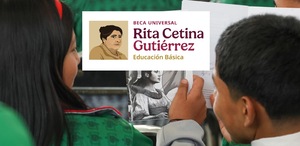 estudiantes de primaria y logo de la beca rita cetina