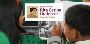 estudiantes de primaria y logo de la beca rita cetina