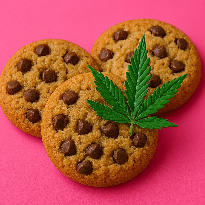 Galletas con chispas de chocolate junto a una planta de marihuana.