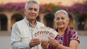 Mujer y hombre mayores disfrutando con un dinero extra.