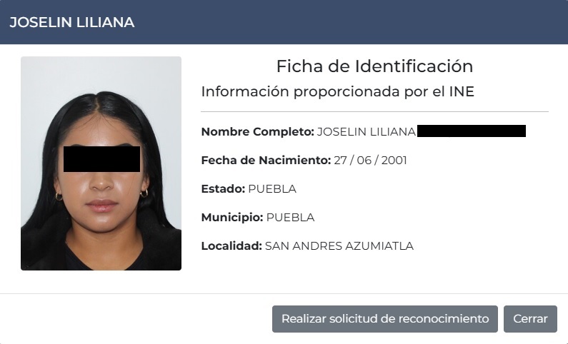 Ficha de identificación de Joselin, una mujer fallecida en Puebla.
