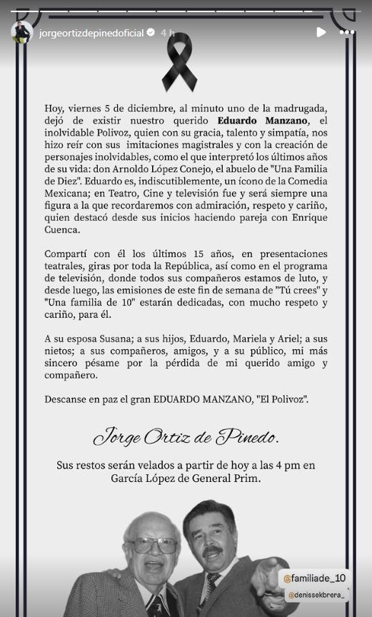 Jorge Ortiz de Pinedo publicó un mensaje en el que se despidió de Eduardo Manzano.