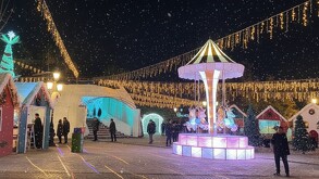 Se observa un pino navideño y a personas caminando alrededor.